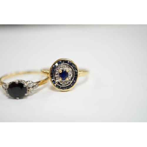 954 - An 18ct, sapphire and diamond set seven stone ring, size P and a French 18k and sapphire set oval cl... 