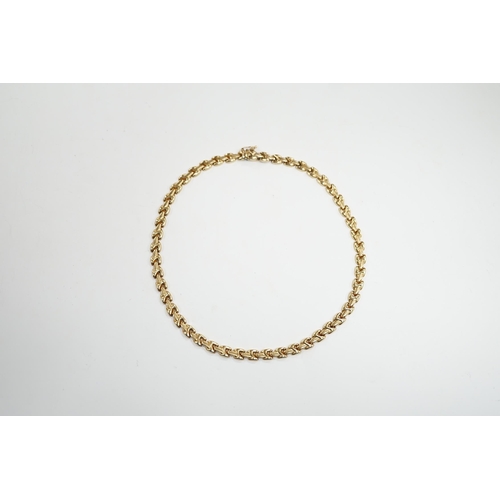 965 - A modern 9ct gold flat link necklace, 34cm, 11.5 grams.