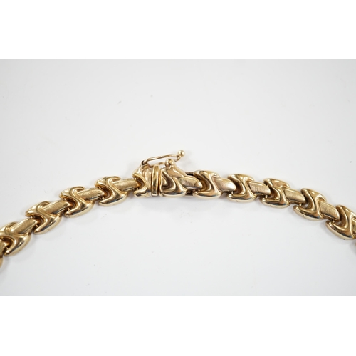 965 - A modern 9ct gold flat link necklace, 34cm, 11.5 grams.