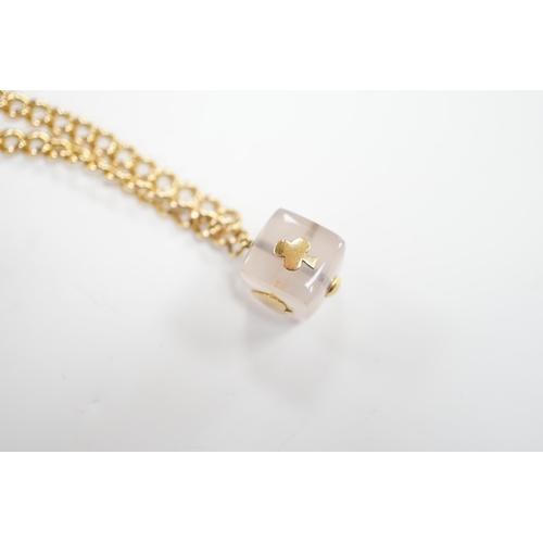 967 - An Edwardian 15ct gold curb link bracelet, 16cm, hung with a later mounted glass cube charm, gross w... 