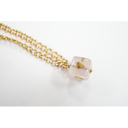 967 - An Edwardian 15ct gold curb link bracelet, 16cm, hung with a later mounted glass cube charm, gross w... 