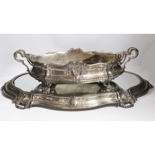 843 - A large ornate Belgian? 800 standard white metal two handled oval centrepiece, 53cm, 46.1oz,  with a... 