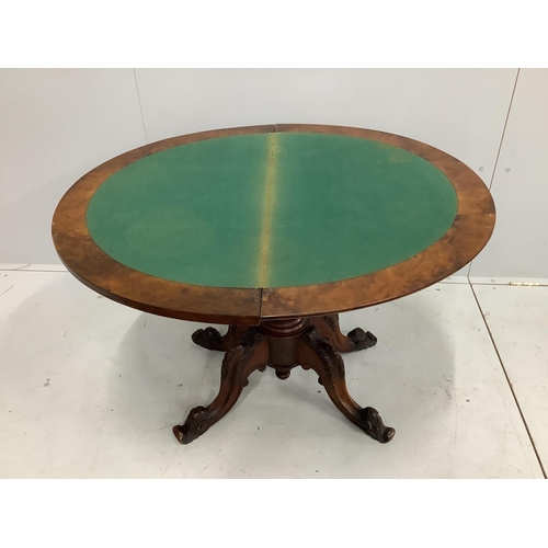 101 - A Victorian figured walnut D shaped folding card table, width 90cm, depth 49cm, height 69cm