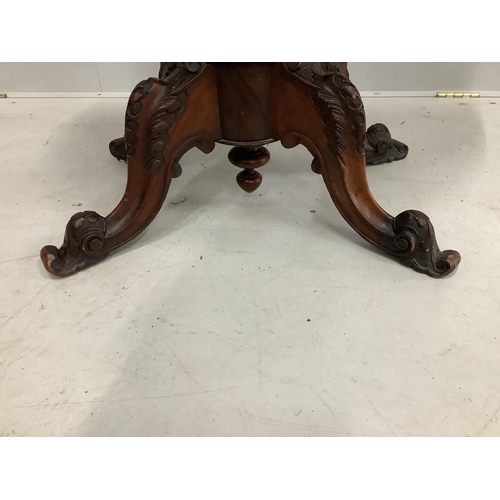 101 - A Victorian figured walnut D shaped folding card table, width 90cm, depth 49cm, height 69cm