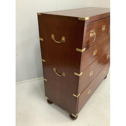 102 - A brass mounted military style mahogany chest, width 104cm, depth 44cm, height 108cm