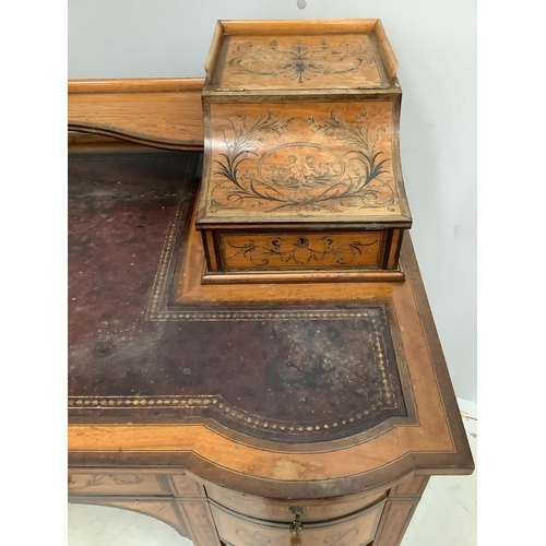 103 - An Edwardian marquetry inlaid Sheraton Revival satinwood kneehole desk, width 106cm, depth 60cm, hei... 