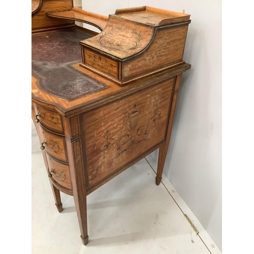 103 - An Edwardian marquetry inlaid Sheraton Revival satinwood kneehole desk, width 106cm, depth 60cm, hei... 