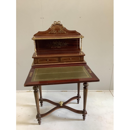 114 - An early 20th century French brass inlaid mahogany bonheur du jour, width 70cm, depth 44cm, height 1... 