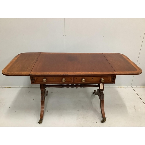 123 - A Regency satinwood banded sofa table, width 90cm, depth 65cm, height 70cm