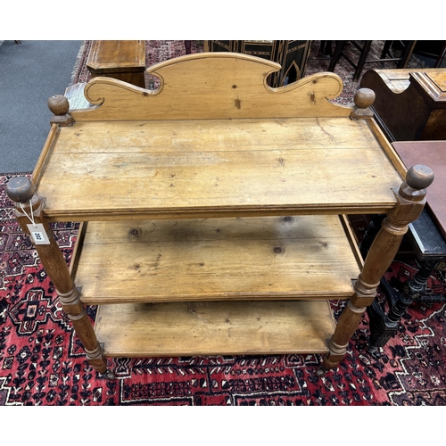 202 - A Victorian pine three tier buffet, width 92cm, depth 43cm, height 110cm