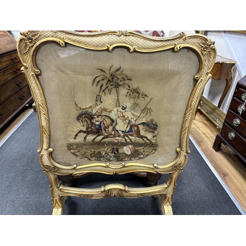 205 - A Victorian cream painted firescreen with tapestry banner, width 74cm, height 115cm