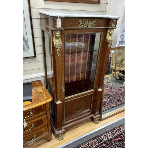 218 - A French Empire style gilt metal mounted marble topped mahogany vitrine, width 78cm, depth 42cm, hei... 