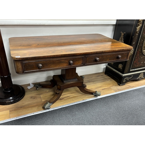 222 - A Regency rectangular rosewood centre / library table, fitted two frieze drawers and two dummy drawe... 