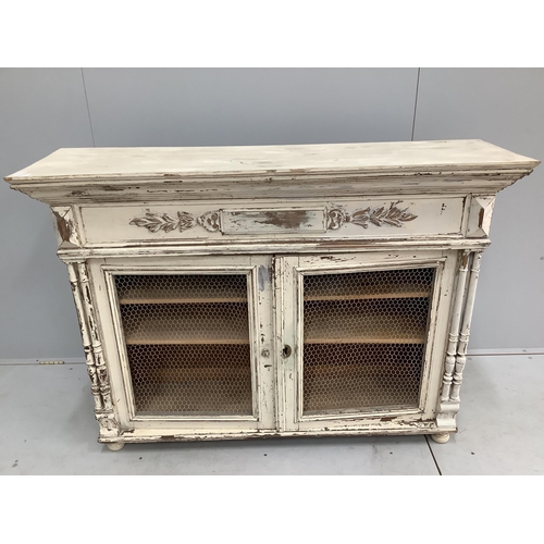 23 - A late 19th century Continental cream painted side cabinet, width 137cm, depth 39cm, height 101cm... 