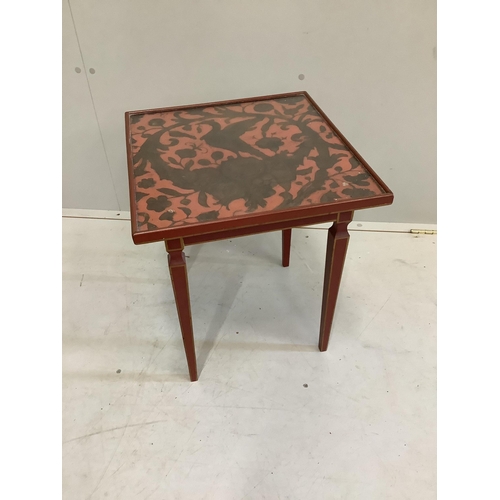 25 - A painted square occasional table with embossed leather panelled top, width 42cm, height 48cm