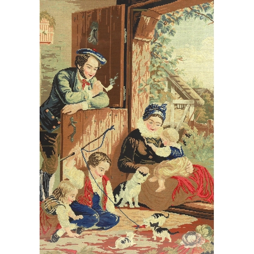 251 - A framed 19th century Berlin woodwork embroidery of a Scottish farmhouse scene, embroidered with chi... 