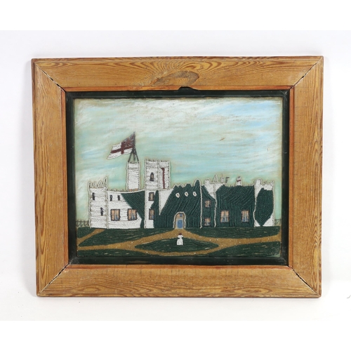 253 - An early Victorian pine framed, Folk Art watercolour, beadwork and sand collage, of a castle with na... 