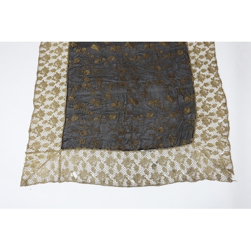 259 - An unusual 1920's gold lace and black silk chiffon gold brocade boudoir cover, 140 x116cm