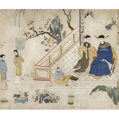 269 - An early 19th century Chinese finely embroidered silk picture, of a nobleman, his wife and child and... 