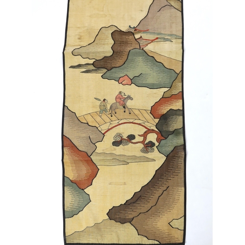 272 - A Chinese late Qing dynasty Kesi polychrome silk hanging, depicting a figure on horseback and anothe... 