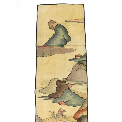 272 - A Chinese late Qing dynasty Kesi polychrome silk hanging, depicting a figure on horseback and anothe... 