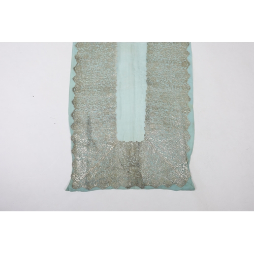 274 - A 1920's silver machine lace and chiffon train,  to an evening dress, the silver lace has been cut a... 