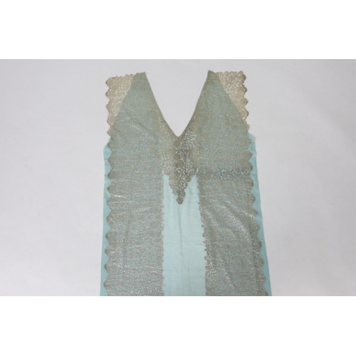 274 - A 1920's silver machine lace and chiffon train,  to an evening dress, the silver lace has been cut a... 