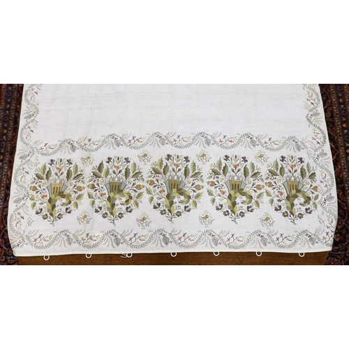 275 - A late 18th-19th century fine linen chain stitched floral embroidered panel, possibly Kashmiri, usin... 