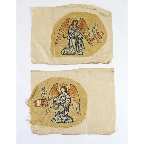 277 - Two 1880-90s angelic embroideries, appliquéd onto silk damask, originally from an alter frontal, th... 