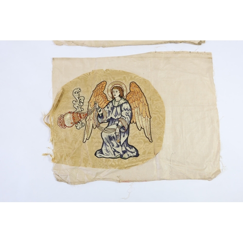 277 - Two 1880-90s angelic embroideries, appliquéd onto silk damask, originally from an alter frontal, th... 