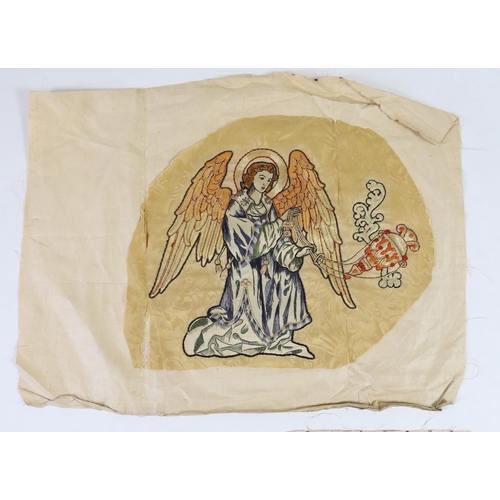 277 - Two 1880-90s angelic embroideries, appliquéd onto silk damask, originally from an alter frontal, th... 