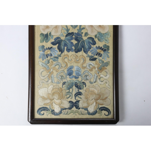 278 - A pair of late 19th / early 20th century sleeve bands, framed together, worked in Chinese knot and s... 