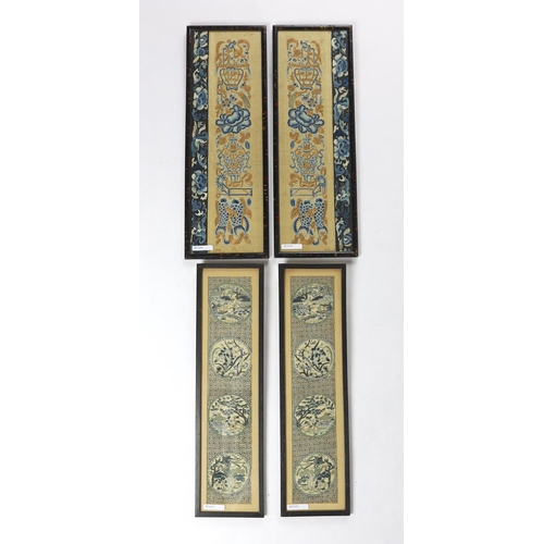 283 - Two pairs of 19th century framed Chinese silk embroidered sleeves bands, one pair embroidered in fin... 