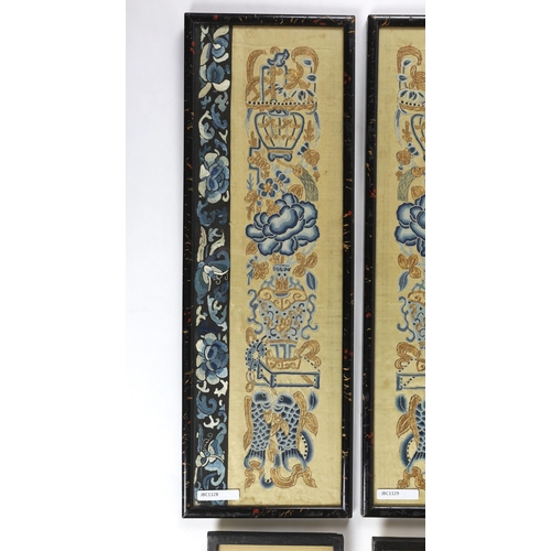 283 - Two pairs of 19th century framed Chinese silk embroidered sleeves bands, one pair embroidered in fin... 