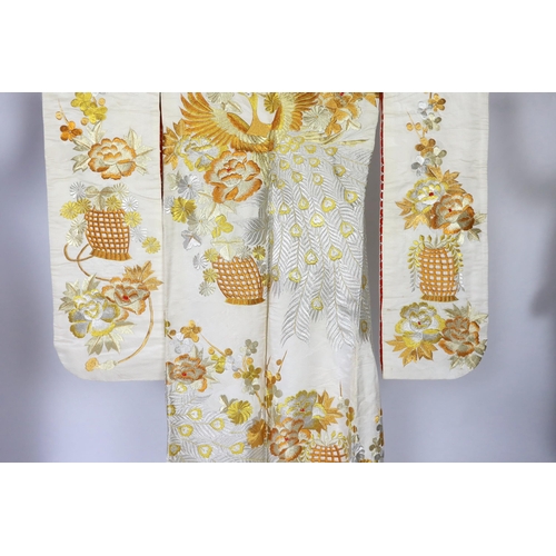 288 - A 1960s-70s vintage Japanese embroidered wedding kimono, embroidered with pewter, bronze, silver and... 