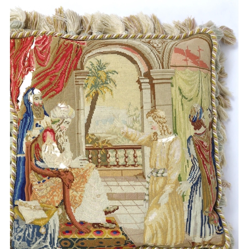 289 - Three Victorian Berlin wool worked cushions possibly of classical biblical scenes, all three cushion... 