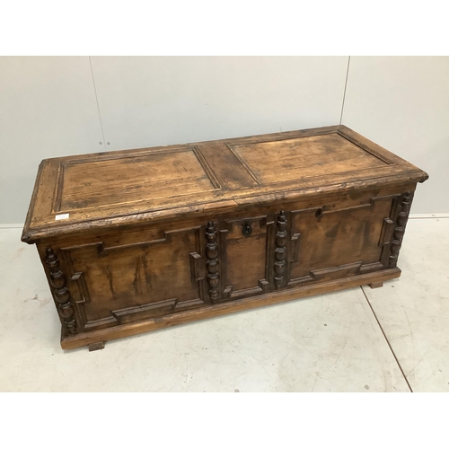 29 - An 18th century style panelled pine coffer, width 146cm, depth 63cm, height 54cm