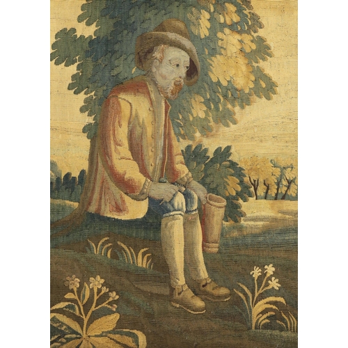 290 - Two 18th century Brussels verdure tapestry panels, one of a seated peasant lady holding a flagon and... 