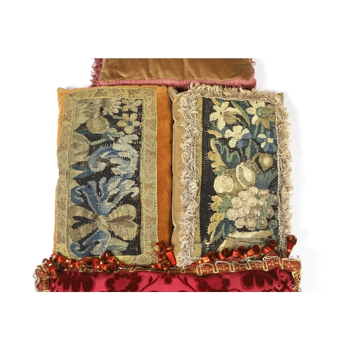 291 - Two late 18th century Flemish verdure tapestry fragments made into cushions, plus a 19th century Fre... 