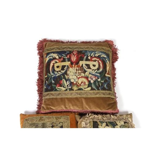 291 - Two late 18th century Flemish verdure tapestry fragments made into cushions, plus a 19th century Fre... 