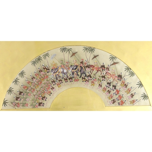 293 - Two silk finely painted 20th century fan leafs of Royal processions, framed and gold mounted, origin... 