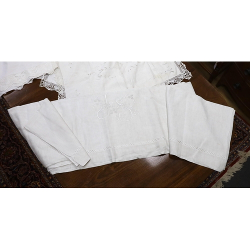 297 - 19th-20th century bed linen; a monogrammed sheet, 7ft 6in., and a smaller crochet edged sheet, a pai... 