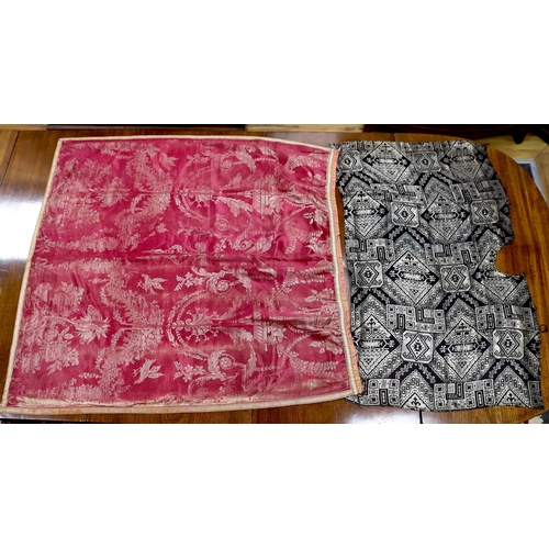 298 - Three panels of 19th century silk, two silk brocade, one silk damask together with a panel of 1930s... 