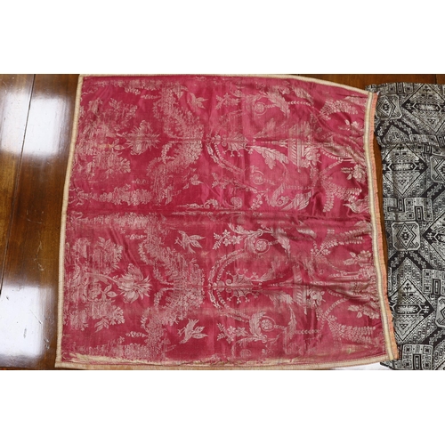 298 - Three panels of 19th century silk, two silk brocade, one silk damask together with a panel of 1930s... 