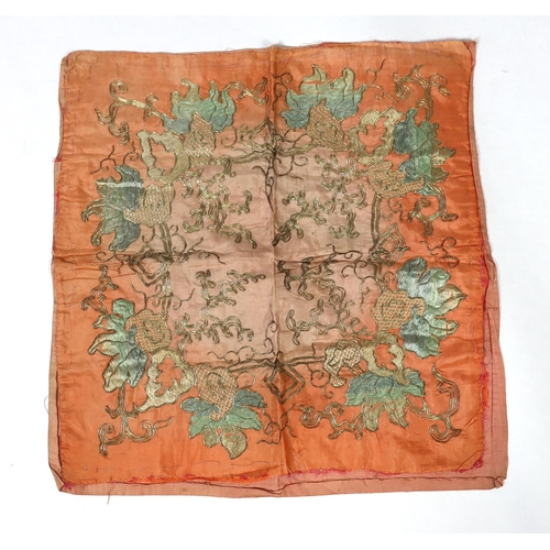 305 - An early 20th century silk crêpe Japanese kimono and fringed tie belt, the back panel heavily embroi... 