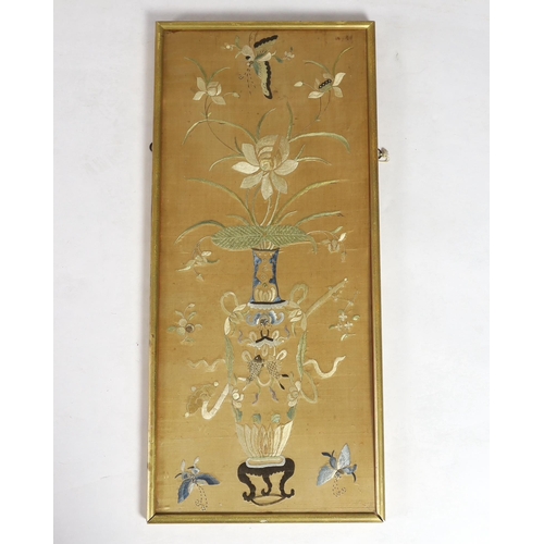 307 - A framed 19th century Chinese silk embroidery of a vase of flowers and auspicious symbols, butterfli... 