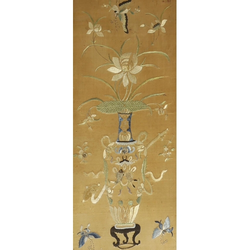 307 - A framed 19th century Chinese silk embroidery of a vase of flowers and auspicious symbols, butterfli... 