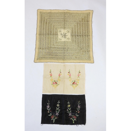 312 - Two pairs of late 19th century black velvet silk embroidered slipper fronts (uncut), together with a... 