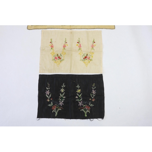 312 - Two pairs of late 19th century black velvet silk embroidered slipper fronts (uncut), together with a... 