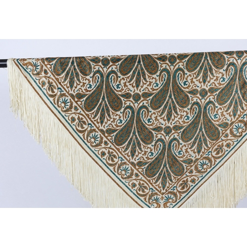 326 - A 1920s-1930s cream silk woven shawl, woven with turquoise and bronze coloured silks in an all ove... 